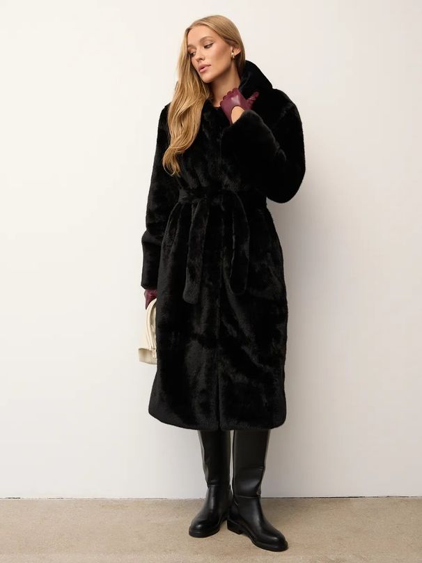 Longline Vegan Mink Coat – Hooded Faux Fur Trench With Belt & Deep Pockets (Dark Brown/Black/White) – Winter Luxe For Commuter Chic_ecoleips.com