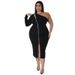 Plus Size Mesh Long Sleeve Dress With Side Slit, Asymmetric Neckline And Zipper Detail For Elegant Occasions_ecoleips.com