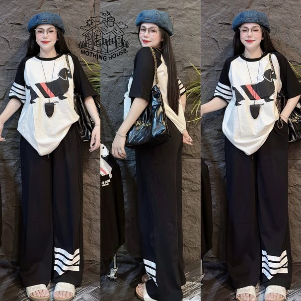 Women's American Style Fashion Summer Set Color Block Loose Short Sleeve Slimming Wide Leg Pants Casual Two-Piece Outfit_ecoleips.com