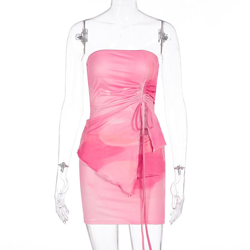 New Arrival Women Sexy Hot Girl Style Printed Ruched Bandeau Strapless Top Mini Skirt Two Piece Dress Set_ecoleips.com