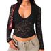Women's Long Sleeved Lace V Neck Mesh Cropped Shirt Sexy Cute Y2K Autumn Fashion Top For Women_ecoleips.com