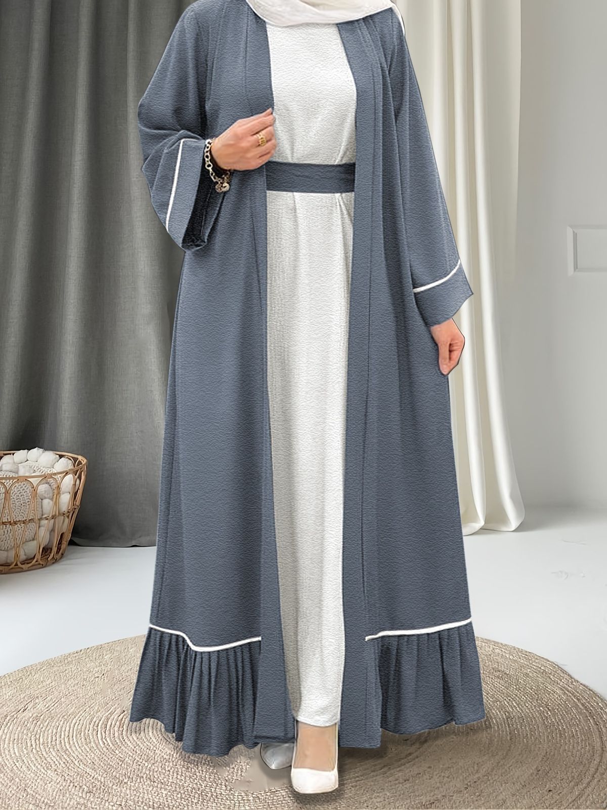Women's Clothing Solid Color With Belt Long Dress Robe Coat Two Piece Set_ecoleips.com