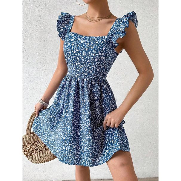 Women's Spring/Summer Square Collar, Lotus-Shoulder, Butterfly-Button, Loose-Fitting Dress_ecoleips.com