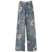 Printed Blue Denim Wide-leg 2024 Summer New Thin Straight-leg Long Retro Trousers Floor-length Pants Women's Clothing_ecoleips.com