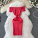 European And American Women's Spring New One Shoulder Dress Tight Elastic Slim Knitted Wood Ear Edge Short Sleeve Mid Length Skirt_ecoleips.com