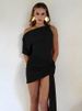 Mozision Oblique Shoulder Backless Irregular Sexy Mini Dress For Women Fashion Sleeveless Draped Ruched Club Dress Elegant_ecoleips.com