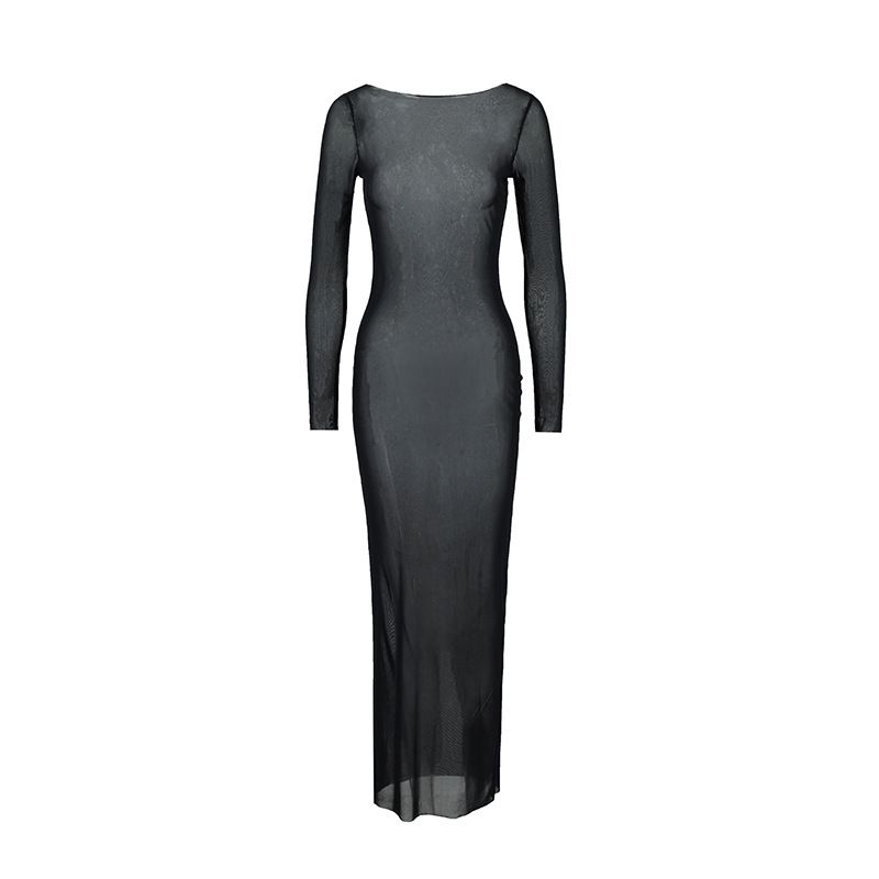 Women's Clothing Summer New Sexy Girl Slim Mesh Perspective One Shoulder Long Sleeve Long Dress_ecoleips.com