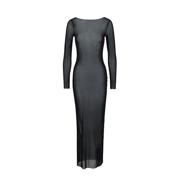 Women's Clothing Summer New Sexy Girl Slim Mesh Perspective One Shoulder Long Sleeve Long Dress_ecoleips.com