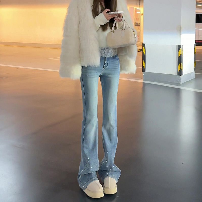 Women's High-Waisted Flared Jeans Black Rhinestone Embroidery Slimming Stylish Spring New Arrival Denim_ecoleips.com