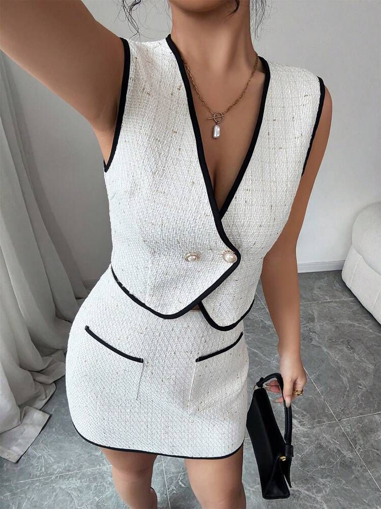 Women's Clothing Elegant Sleeveless Vest Top Skirt Two Piece Set_ecoleips.com