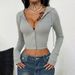 Voya Women's Spring And Summer Gray Hooded Short Knitted Cardigan With Deep V-neck, Slim Fit And Exposed Navel, Urban Style Spicy Girl Top_ecoleips.com