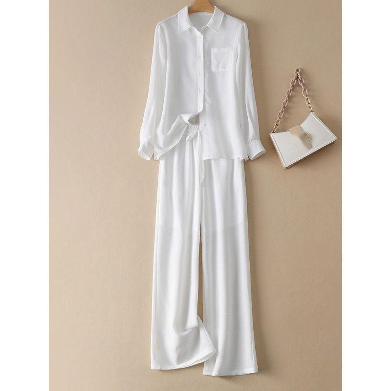 Old Money Style Fashion Suit For Women, New Spring Autumn Collection, Relaxed Fit Long Sleeve Shirt And Wide-Leg Pants,_ecoleips.com