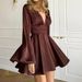 Women's Party French Satin Trumpet Sleeve Solid Color Long Sleeve Sexy V-Neck Waist Miniskirt Dress_ecoleips.com