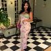 Women New Arrival Floral Printed Dress Lace Splicing Sexy Bodycon Slim Waist Spaghetti Strap Dress Summer Casual Party Outfit_ecoleips.com