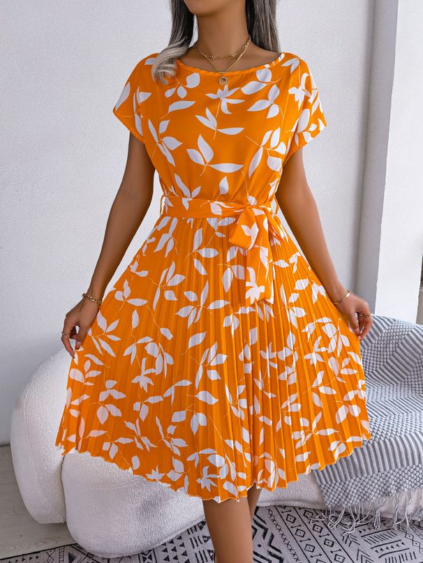 Women's Clothing Casual Leaf Short Sleeve Large Hem Pleated Dres_ecoleips.com