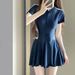 Modest Light Gray Short Sleeve One Piece Swimsuit With Zipper Front Flared Skirt Bottom Athletic Swimwear For Beach Pool_ecoleips.com