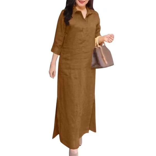 Women's Clothing Solid Color Cotton Linen Lapel Long Sleeve Simple Loose Casual Long Dress_ecoleips.com