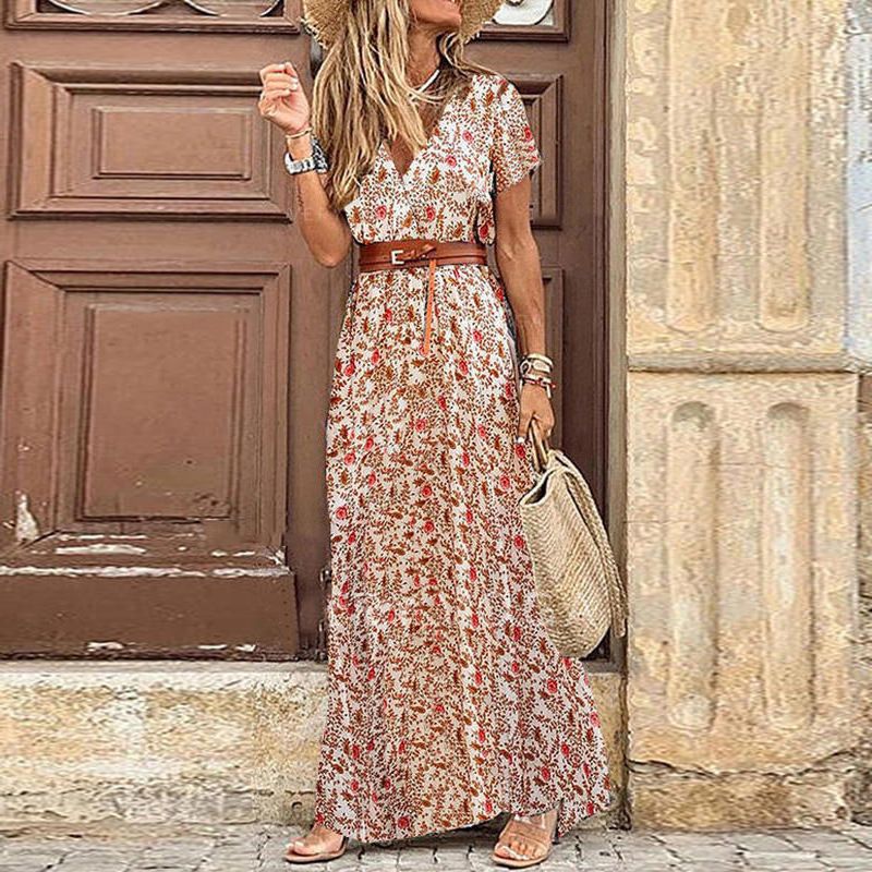 2020EBAY WISH Women's Fashion Bohemian V-neck Floral Dress Short Sleeve European And American Style_ecoleips.com