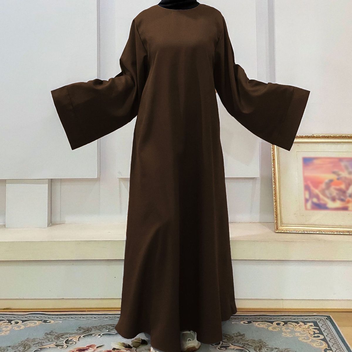 Muslim Plain Bell Long Sleeve Loose Belt Solid Color Women's Robe_ecoleips.com