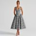 Women's Plaid Print French Style Dress Fashion Waist Cinching Backless Suspender Dress Sexy Princess Gown_ecoleips.com