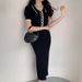 Women's Clothing Women's Polo Collar Short Sleeved Stitching Contrast Color Sweater Dress Knitted Dress Long Skirt_ecoleips.com