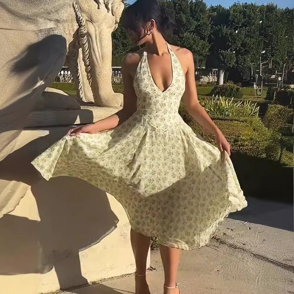 European And American Women's Summer Sweet Style Backless Halter Neck Fashion Floral Pattern Waist-cinching Versatile_ecoleips.com
