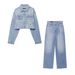 Glitter Denim Jacket & High-Waist Straight Leg Pants Set – Women's Rhinestone Embellished Casual Outfit For Urban Style_ecoleips.com