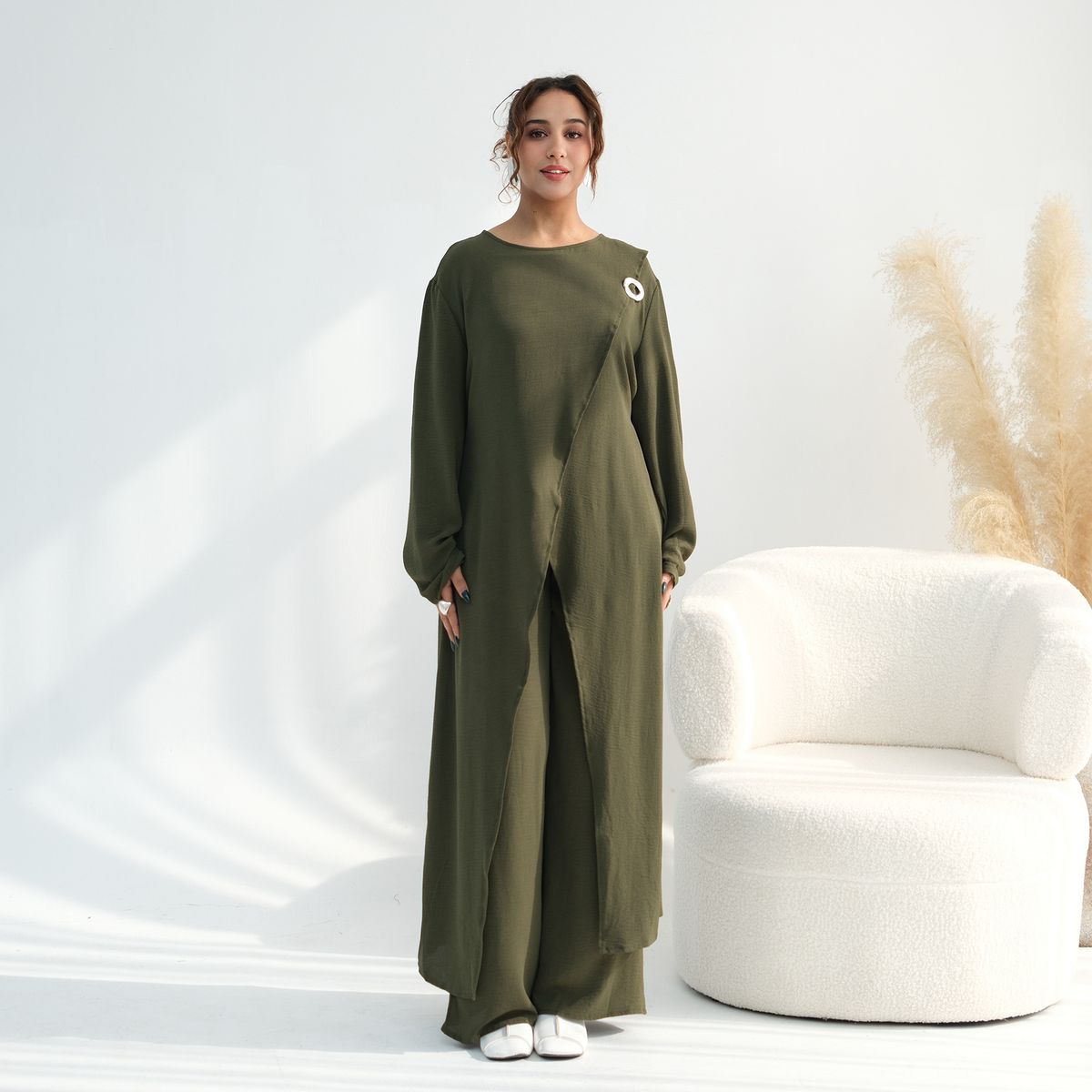 Modest Abaya Dress Aiyirui Modest Two-Piece Set – Dubai-Inspired Long Sleeve Top + Wide-Leg Pants (M-XL, 6 Neutral Colors)_ecoleips.com