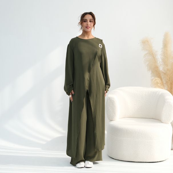 Modest Abaya Dress Aiyirui Modest Two-Piece Set – Dubai-Inspired Long Sleeve Top + Wide-Leg Pants (M-XL, 6 Neutral Colors)_ecoleips.com