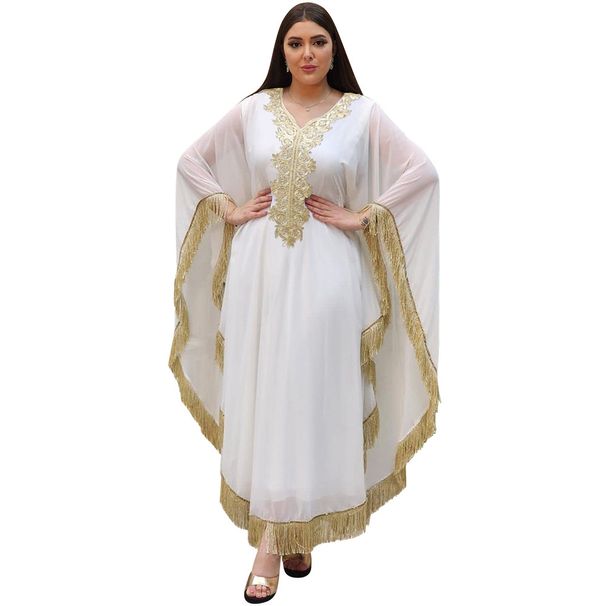 Modest Abaya Dress With Fringe –Boho Maxi Dress For Women, Elegant Long Sleeve Flowy Gown (Blue/White/Green) _ecoleips.com