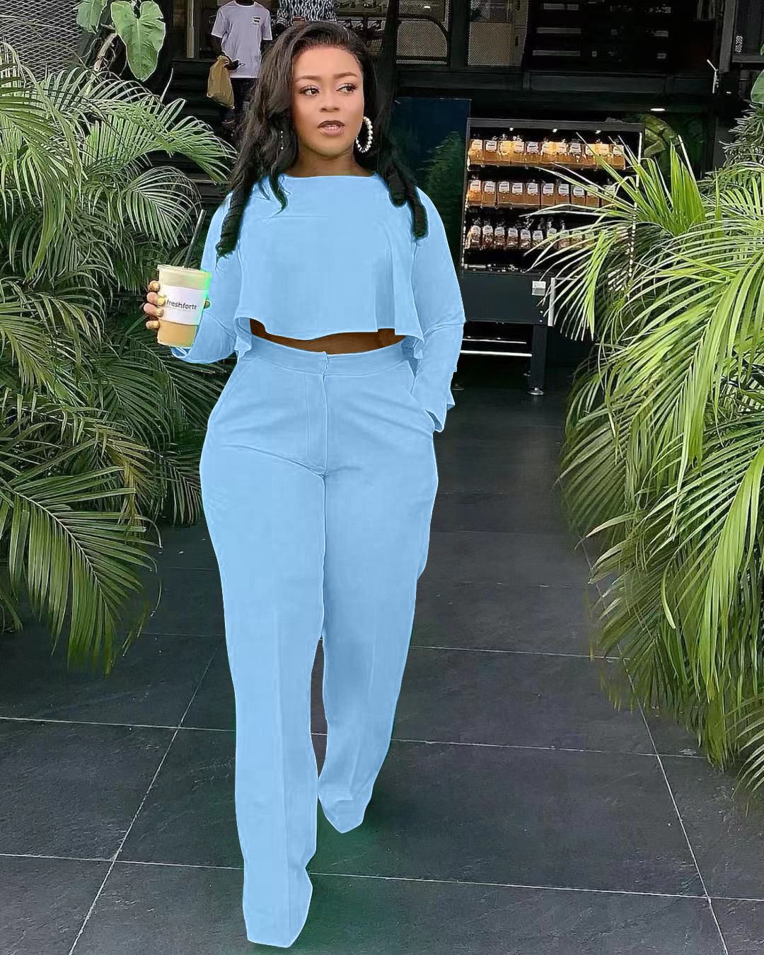 Women's Asymmetrical Hem Wide-Leg Pants Set – High-Low Design With Back Pleats (Breathable Poly-Cotton Blend, 7 Elegant Colors)_ecoleips.com