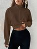 Spring And Autumn Versatile Brown Short Sweater Women, Stand-up Collar Zipper Retro Style, Loose Casual Sports Top_ecoleips.com