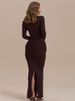 JULISSA MO Elegant Round Neck High Slit Ruched Women Maxi Dress Coffee Long Sleeve High Waist Autumn Skinny Party Evening Dress_ecoleips.com