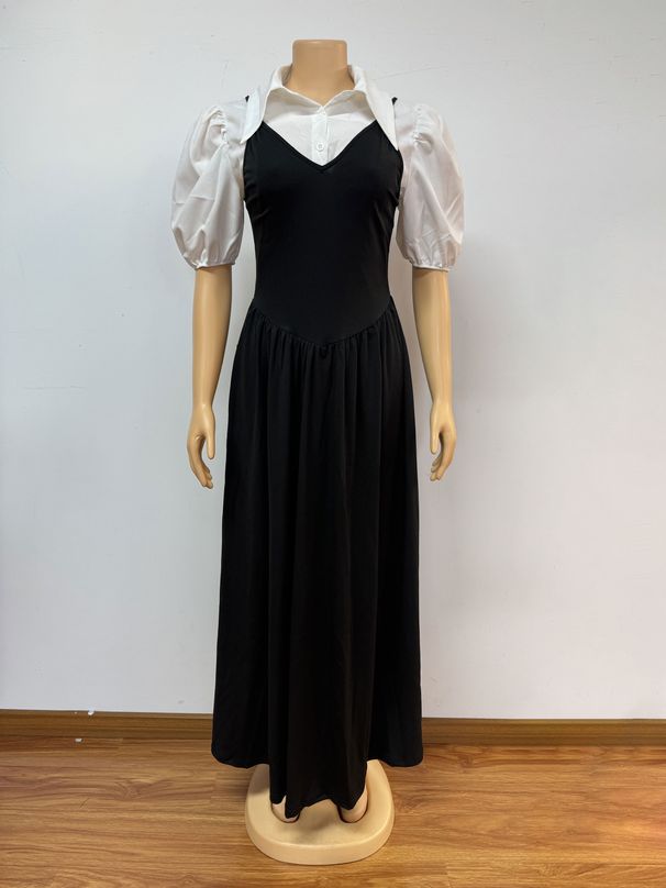 Women's Elegant Lapel Puff Sleeve Shirt & Waist Slim Dress Two Piece Suit - European & American Style Office Wear_ecoleips.com