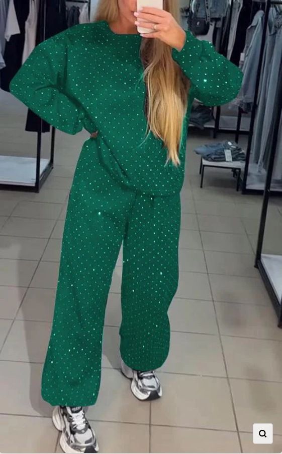 Long Sleeve Round Neck Top & Drawstring Joggers With Rhinestone Details (Black/White/Nude/Green/Blue, S-XXXL)"_ecoleips.com
