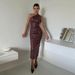 "Sexy PU Leather Bodycon Dress For Women - Tight Fitting Nightclub Party Dress With Oblique Shoulder & Chest Wrap Design, Dark Brown"_ecoleips.com