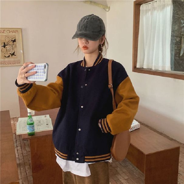 Aria Basics Autumn Winter Korean Version Ins Baseball Uniform Trendy Women's Color-Block Couple Outfit New Harajuku Style Streetwear_ecoleips.com