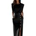 2025 European And American Women's Clothing Round Neck Sleeveless Buttoned Slit Solid Color Long Dress_ecoleips.com