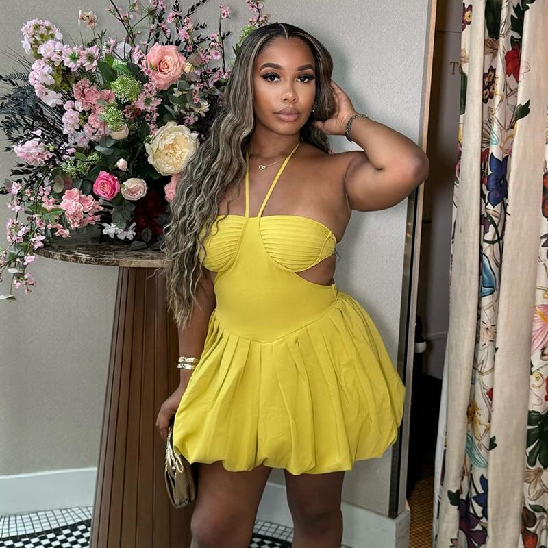 Women's Sweetheart Neckline Backless High Waist A-Line Mini Dress In Yellow_ecoleips.com