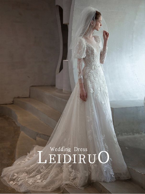 Women's Clothing V Neck Puff Sleeve Main Wedding Dress New Tulle Fishtail Wedding Dress_ecoleips.com