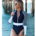 Aria Basics New Long-sleeve Surfing Suit For Women, Striped Swimsuit, Diving Suit, Color-blocked Swimwear, Cross-border European And_ecoleips.com