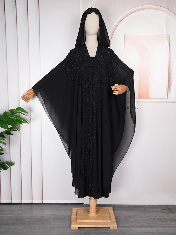 Women's Clothing Muslim Black Beaded Robe Plus Size Women's Clothing Hooded Two Button Bat Sleeve Dress_ecoleips.com