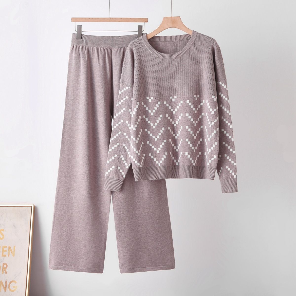 Women's Slimming Wide Leg Pants And Knitted Top Set Korean Style Two Piece Autumn/Winter Clothing_ecoleips.com