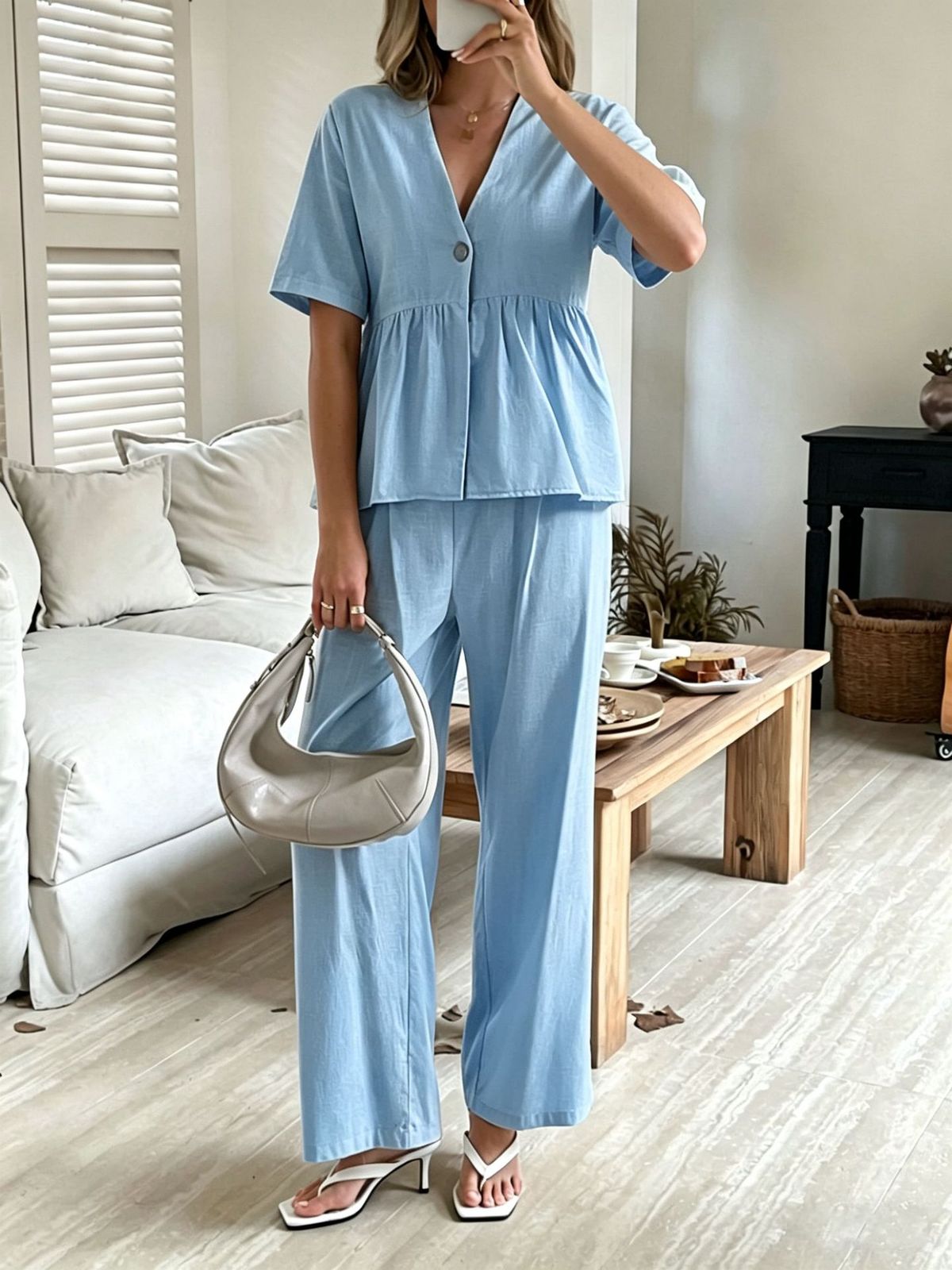 European And American Fashionable And Elegant V-neck Loose Short Sleeved Top And Wide Leg Pants_ecoleips.com
