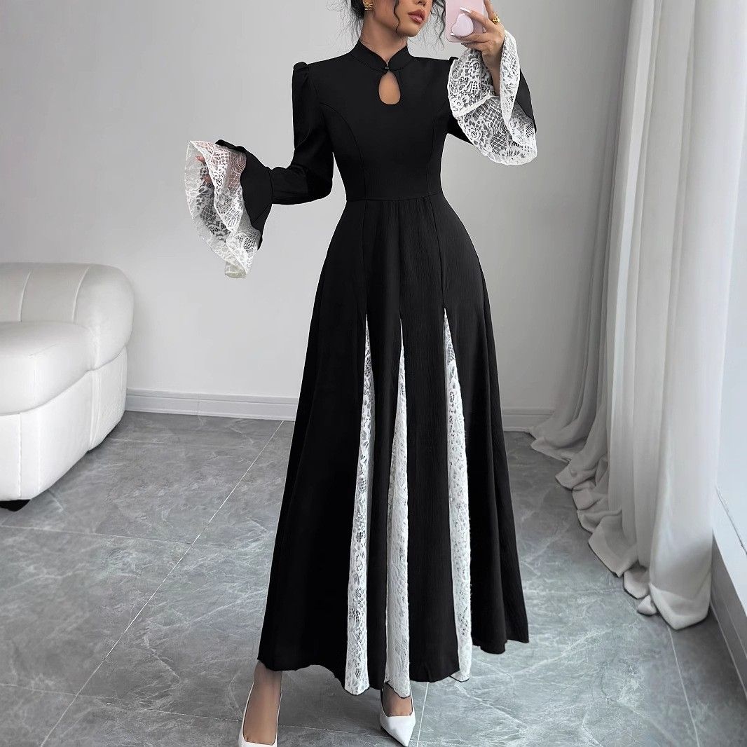 Stand Up Collar Zipper Design High Grade Lace Splicing Trumpet Sleeve Long Elegant Dress_ecoleips.com