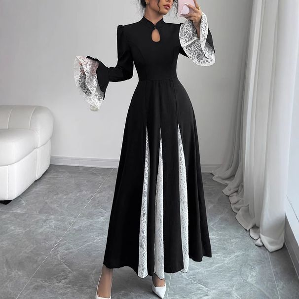 Stand Up Collar Zipper Design High Grade Lace Splicing Trumpet Sleeve Long Elegant Dress_ecoleips.com