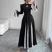 Stand Up Collar Zipper Design High Grade Lace Splicing Trumpet Sleeve Long Elegant Dress_ecoleips.com
