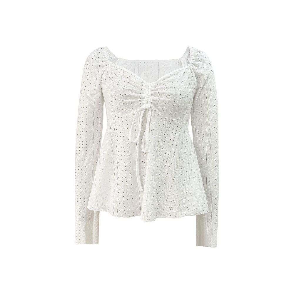 Voya Women's 2026 Winter New Elegant Women's Solid Color U-Neck Splicing Lace Long Sleeve Top T-shirt_ecoleips.com