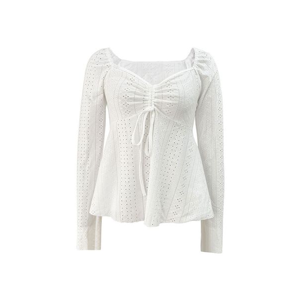 Voya Women's 2026 Winter New Elegant Women's Solid Color U-Neck Splicing Lace Long Sleeve Top T-shirt_ecoleips.com