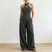 Women's Clothing Elegant Off-Shoulder Sleeveless Crossover Halter Jumpsuit Solid Color Woven Striped Waist Cinching Wide Leg Pants For Women Summer_ecoleips.com